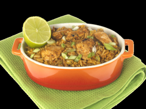 A serving bowl of chicken tikka biryani