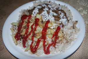 A plate of veg biryani with french fries